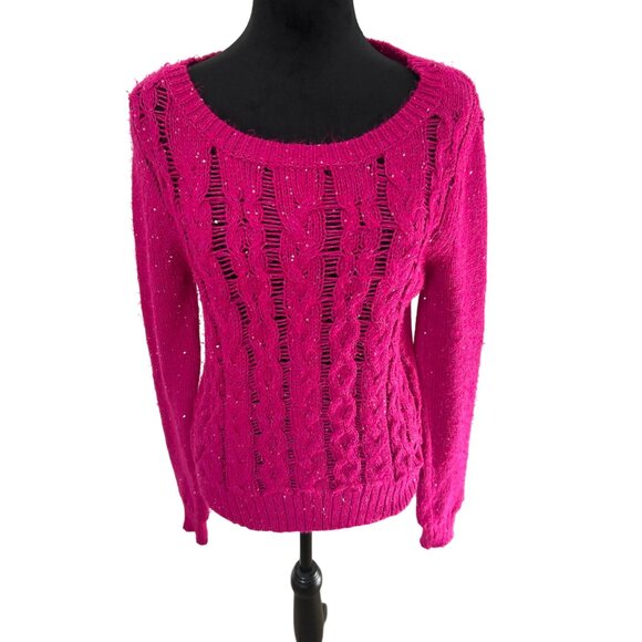 Aeropostale Women's Sparkly Fuchsia Pink Long Sleeve Scoop Neck Sweater Size M - Picture 2 of 11